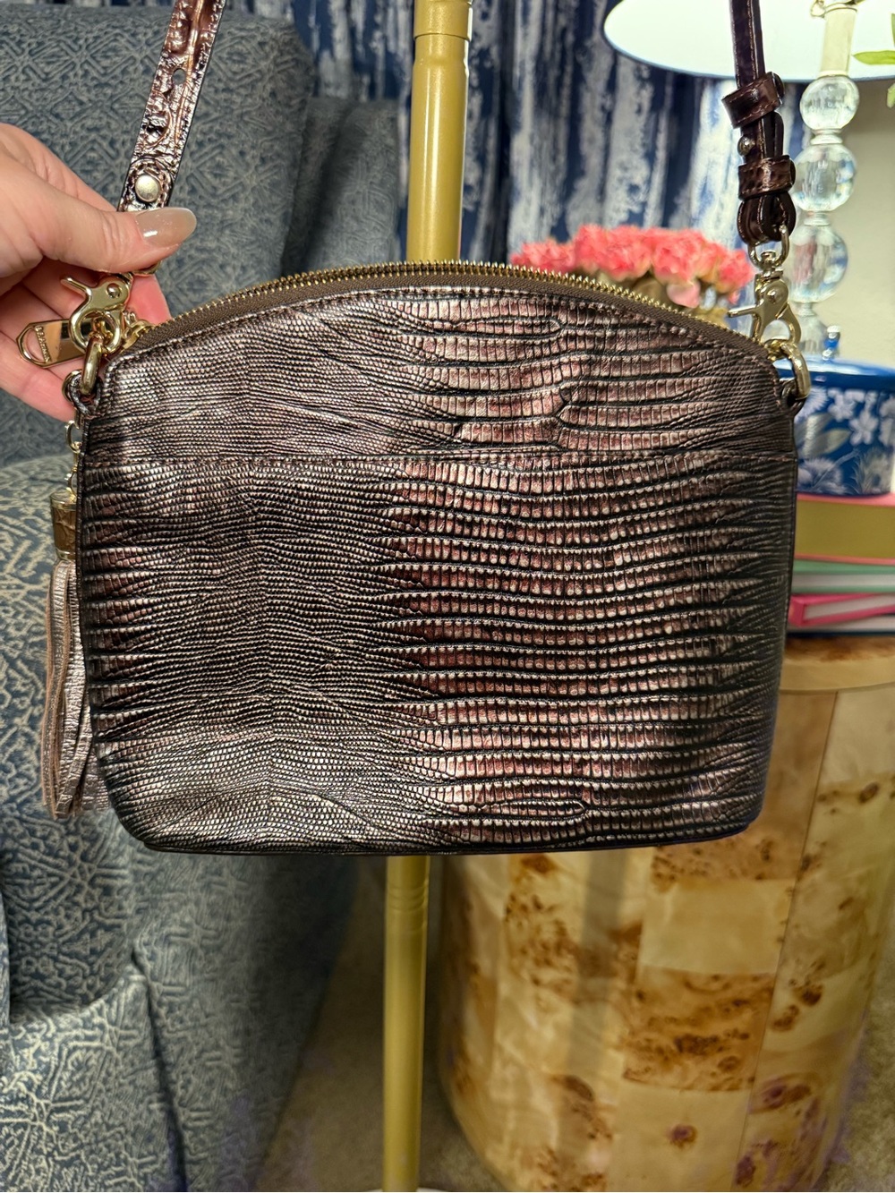 Brahmin Metallic Rose Brown Crossbody Bag with Tassel - Picture 6 of 8